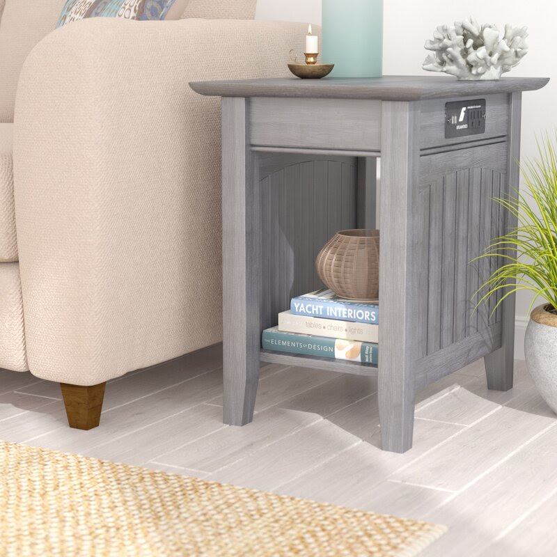 Pull out all the way to accommodate more than one glass, or just a few inches.so. Solid Wood End Table With Usb Port Plugs And Bottom Shelf Light Grey Farmhouse Style Interior Design Ideas