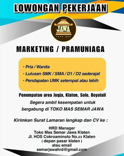 Www.loker pt.patraniaga untuk ijazah slta.com : Loker Toko Mas Semar Jawa Loker Ukm Klaten