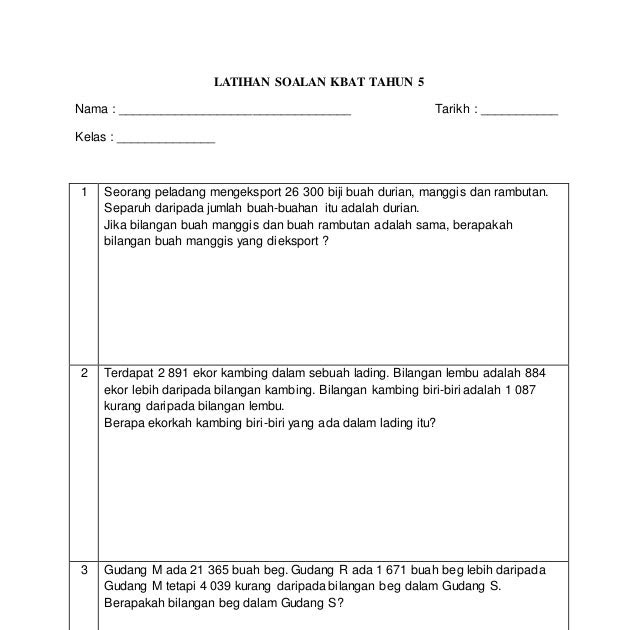 Soalan Topikal Matematik Tahun 5 Kssr - Malacca t