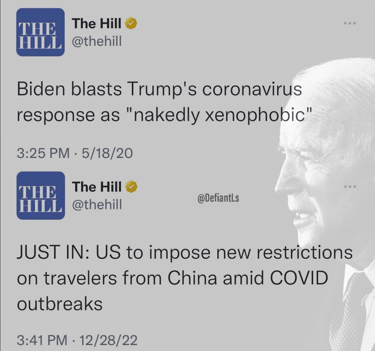 Hypocrite: Joe Biden. Stories contrast his complaing about what Trump did with China and Covid followed by doing the exact same trhing.