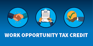 Work Opportunity Tax Credit. Three illustrations show a handshake, someone filling out job-related paperwork, and a checkmark signaling an employer has received the tax credit. 