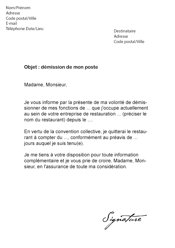 Durée du préavis (exemple : Lettre De Demission Restauration Modele De Lettre