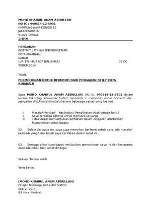 Surat Rasmi Permohonan Berhenti Menjadi Ahli Koperasi 