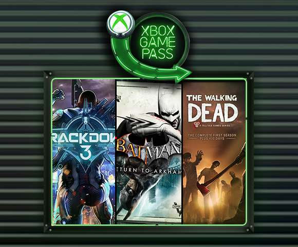 A green, glowing Xbox Game Pass neon light floating above game art for Crackdown 3, Batman: Return to Arkham, and The Walking Dead: Season One.