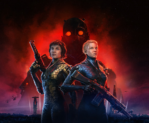 B.J. Blazkowicz's daughters standing side by side, armed with guns.