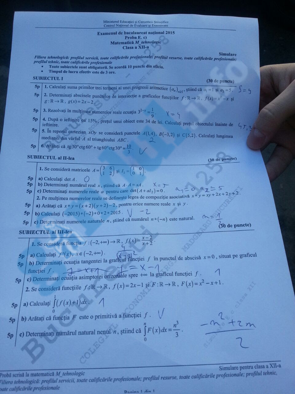 Profilul resurse, toate calificările profesionale; Subiecte Simulare Bacalaureat 2015 MatematicÄƒ Pe Edu Ro Clasa A Xii A Profil Mate Info Tehnologic È™tiinÈ›ele Naturii Pedagogic