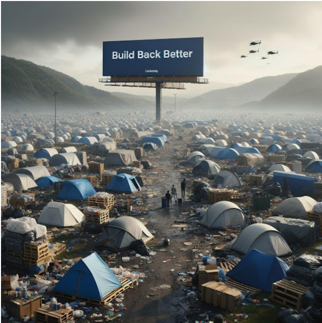 Artwork showing infinite homeless tents with a "Build Back Better" billboard.