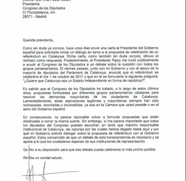 Puigdemont pide a Pastor comparecer en el Congreso para explicar el referéndum