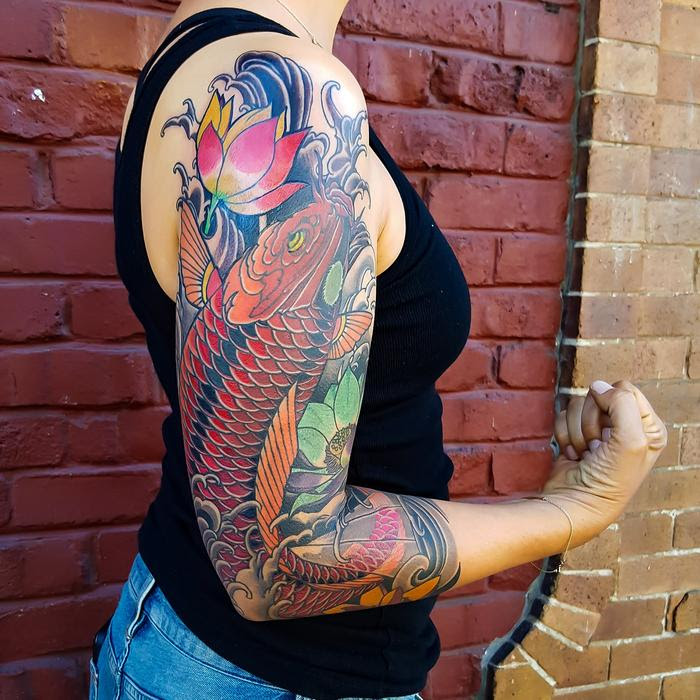 Time sleeve by tommy gunz at full custom tattoo in jacksonville, florida. Koi Fish Sleeve Tattoo By Custom Tattoos By Adam Sky San Francisco California Tattoos