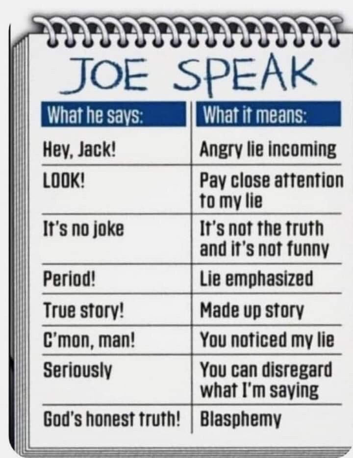 A list of phrases mocking Joe Biden cliches.