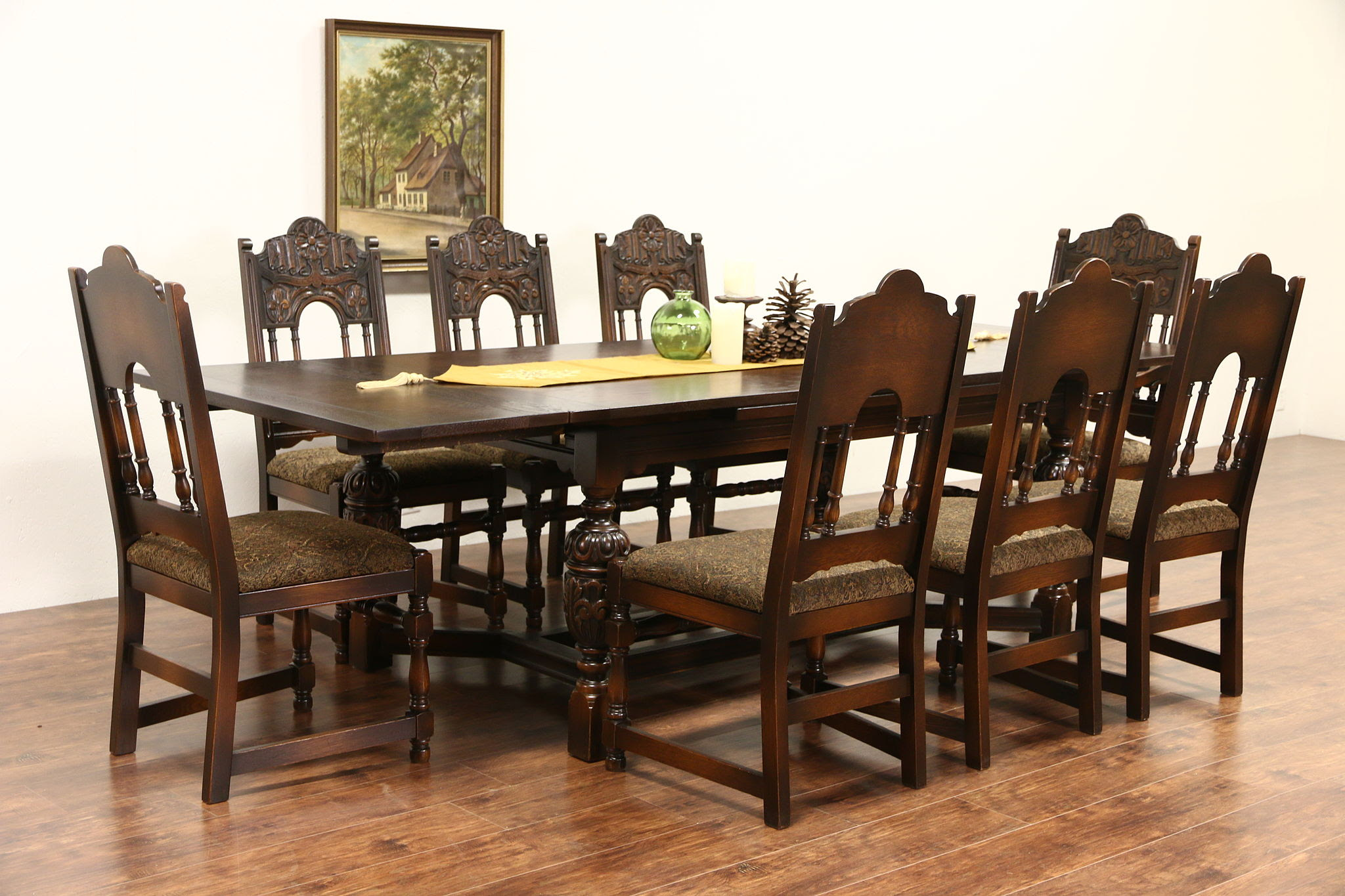 Dual purpose furniture demonstration of the expand table & nano chair set. Sold English Tudor Carved Oak 1925 Antique Dining Set Table 8 Chairs Harp Gallery Antiques Furniture