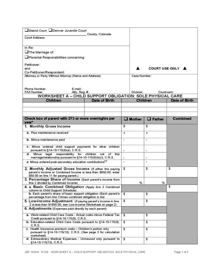 These guidelines and the accompanying worksheets assume that the parent to whom support is owed is spending his or her calculated share. 28 Colorado Child Support Worksheet B Worksheet Resource Plans