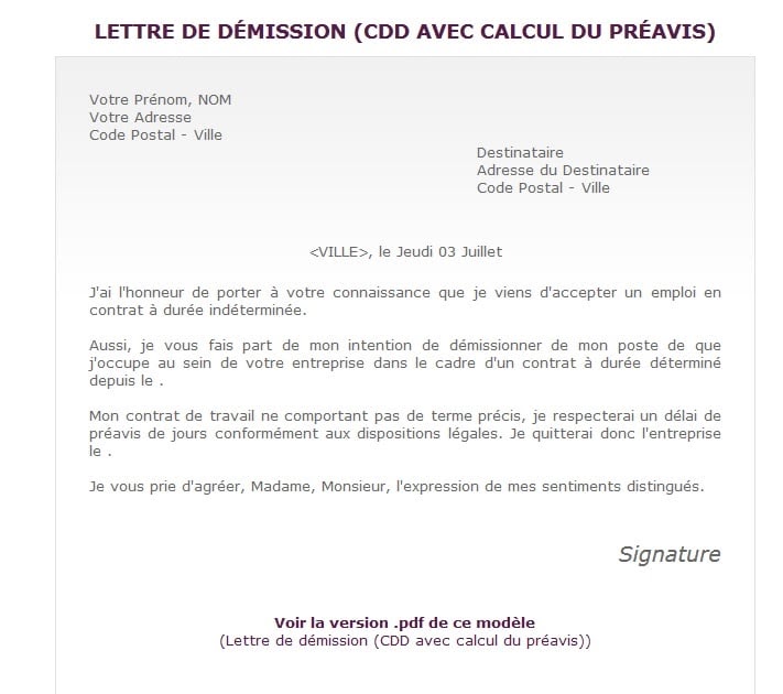 lettre de démission période d essai cdi