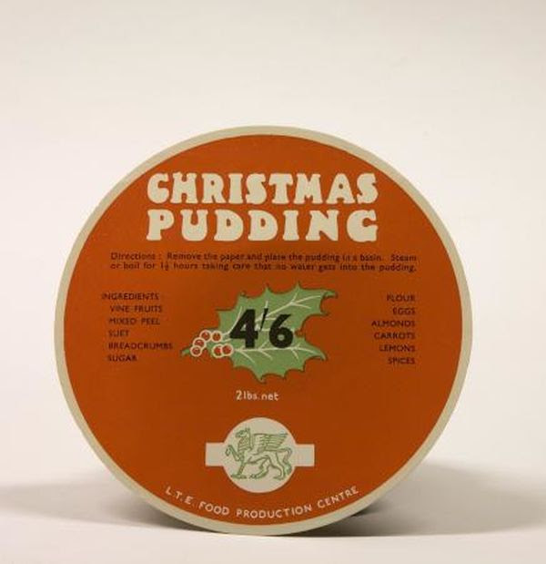 Food wrapper; 2lb Christmas pudding label 4'6, issued by London Transport Catering, circa 1970