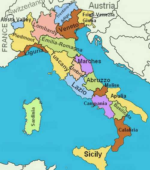 Регионы Италии — название и расположение на карте