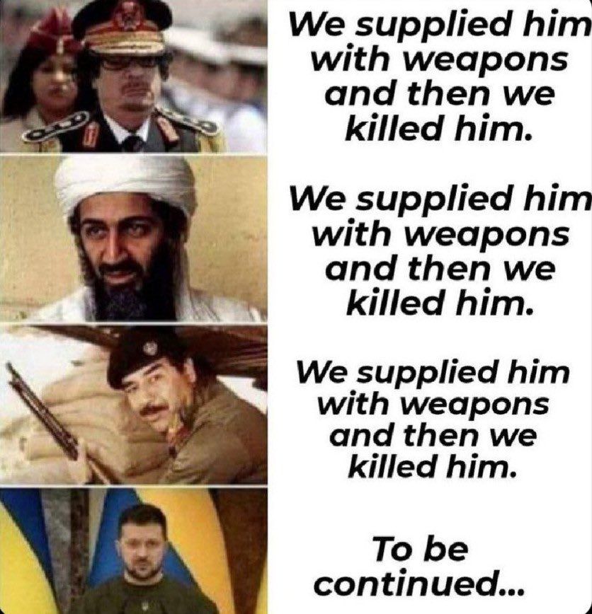 Meme indicating that everyone to whom we supply arms, we kill later.