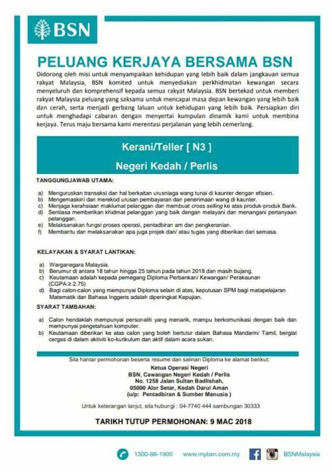 Warganegara malaysia yang berkelayakan adalah dipelawa untuk memohon bagi mengisi kekosongan jawatan dalam perkhidmatan kerajaan negeri kedah darul aman (keutamaan akan diberikan kepada rakyat negeri kedah darul aman) seperti yang dinyatakan di bawah ini: Kerjaya Bsn Kedah Perlis Jawatan Kosong Terkini