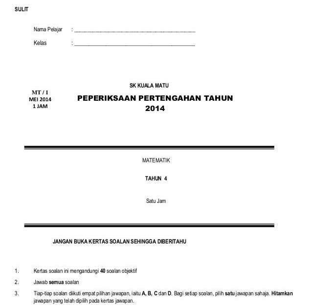 Soalan Matematik Tahun 6 Dan Jawapan - Kunci Ujian