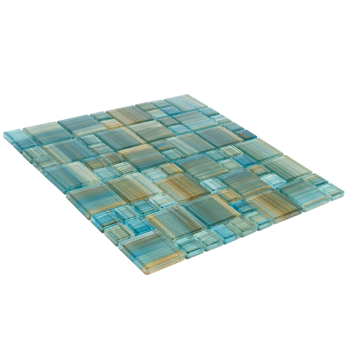 Decorative mosaic wall tiles, packaging type: Modular Brown And Aquamarine Blend Glass Mosaic Tile Mto0091