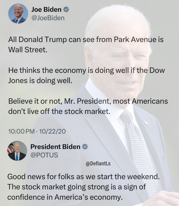 Hypocrite: Joe Biden. Points to Stock market as confirmation of his good works after condemning Trump for the exact same thing.