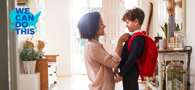 We Can Do This! Image of mom and son getting ready for school