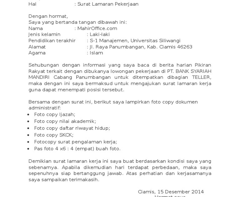 Contoh Surat Lamaran Pamsimas Kalimantan Selatan  19++ Contoh Surat