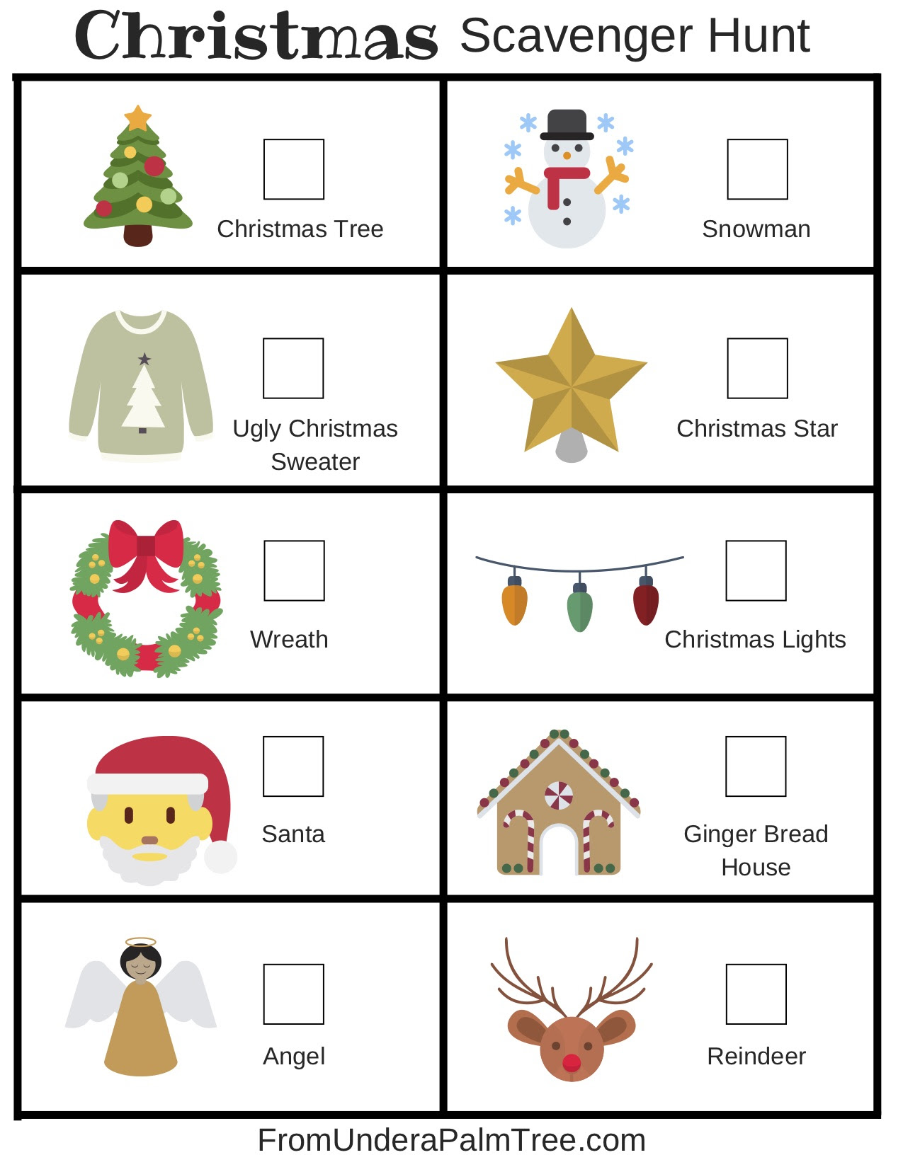 These lists have been created as a foundation to help you get started, you can print the clues out, tweak them to fit into your theme, or you can even add to them if you want to. Christmas Scavenger Hunt From Under A Palm Tree