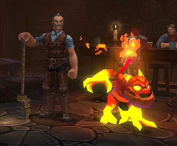 A male character and his pet molten imp standing in a dark tavern.