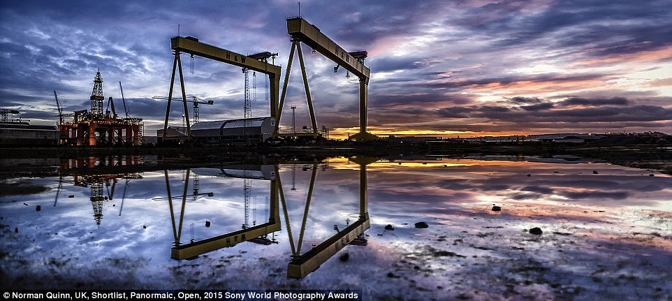 Industrial heartland: British photographer Norman Quinn entered this shot into the Panoramic category of the Open competition, showing the Samson & Goliath cranes at Harland & Wolff Docks in Belfast, Northern Ireland