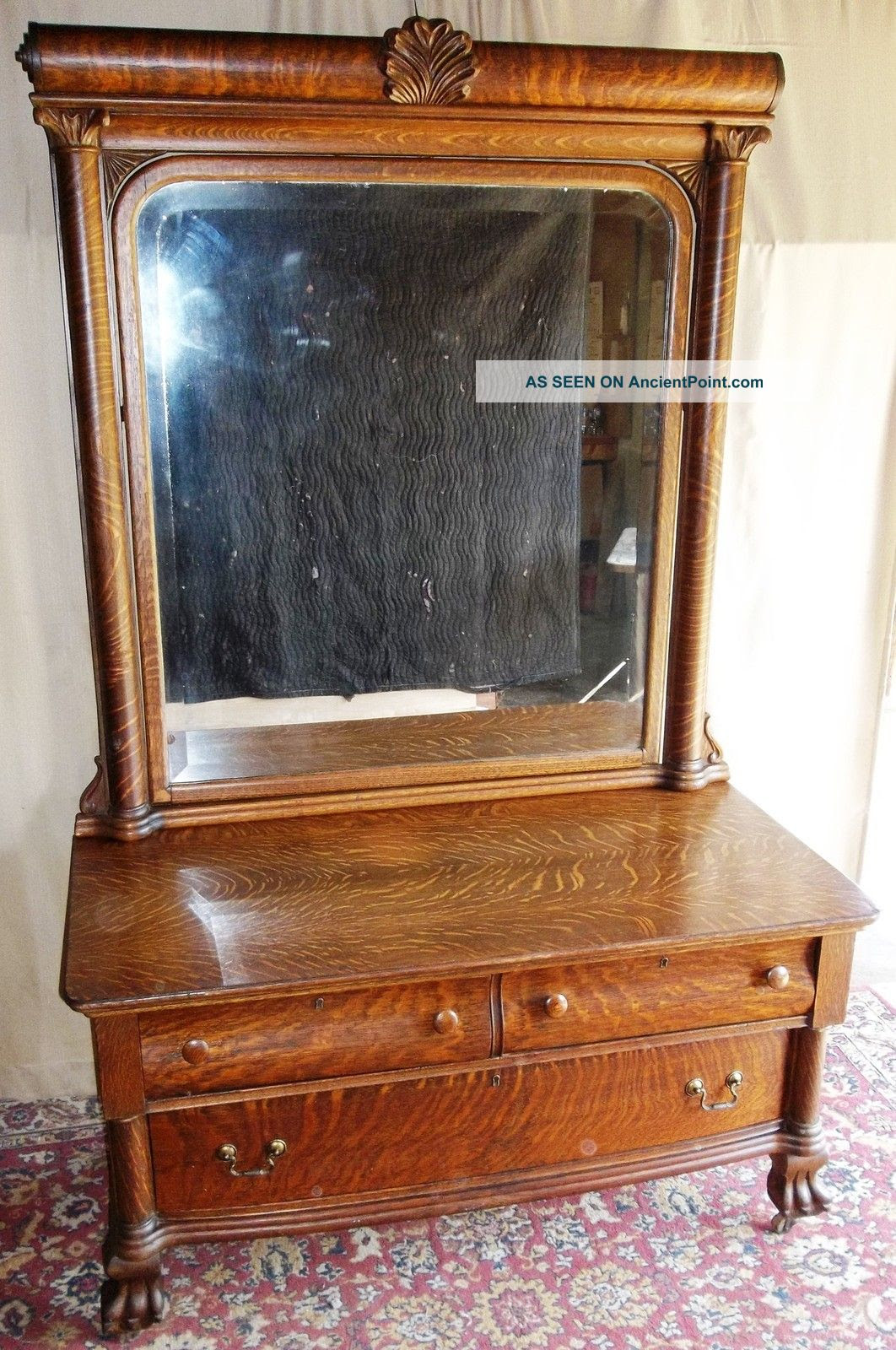 Although antique dealers sometimes use the terms loosely, an antique dresser with a mirror is at least 100 years old, and dressers newer than that are. Antique Large Tiger Oak Princess Dresser With Tall Framed Tilt Mirror Claw Feet