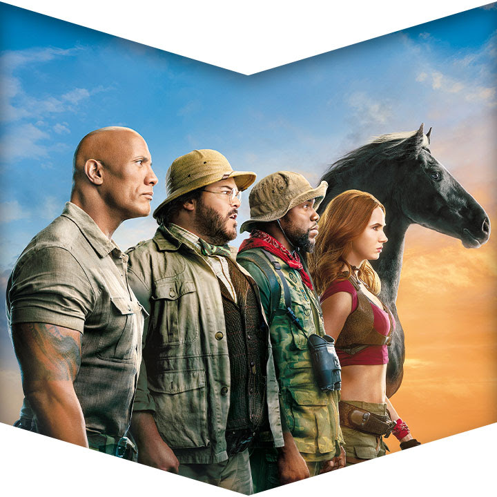 The main cast of Jumanji: Next Level, Dwayne Johnson, Jack Black, Kevin Hart, and Karen Gillan, stand by side at a staggered profile next to a black horse.