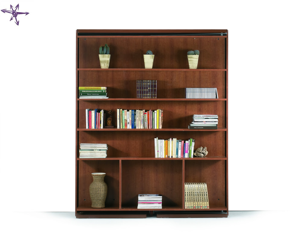 Frontale con pratica libreria a 5 ripiani, disponibile variante con tavolo basculante. Matrimoniale Girevole Scomparsa Verticale Con Libreria Integrata