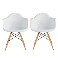 Set of two modern white Eames dining chairs with wood legs