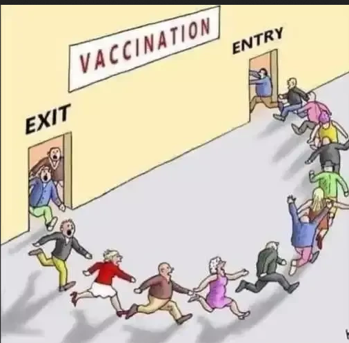 Cartoon depicting line of people continuously going in and out of vaccine clinic.