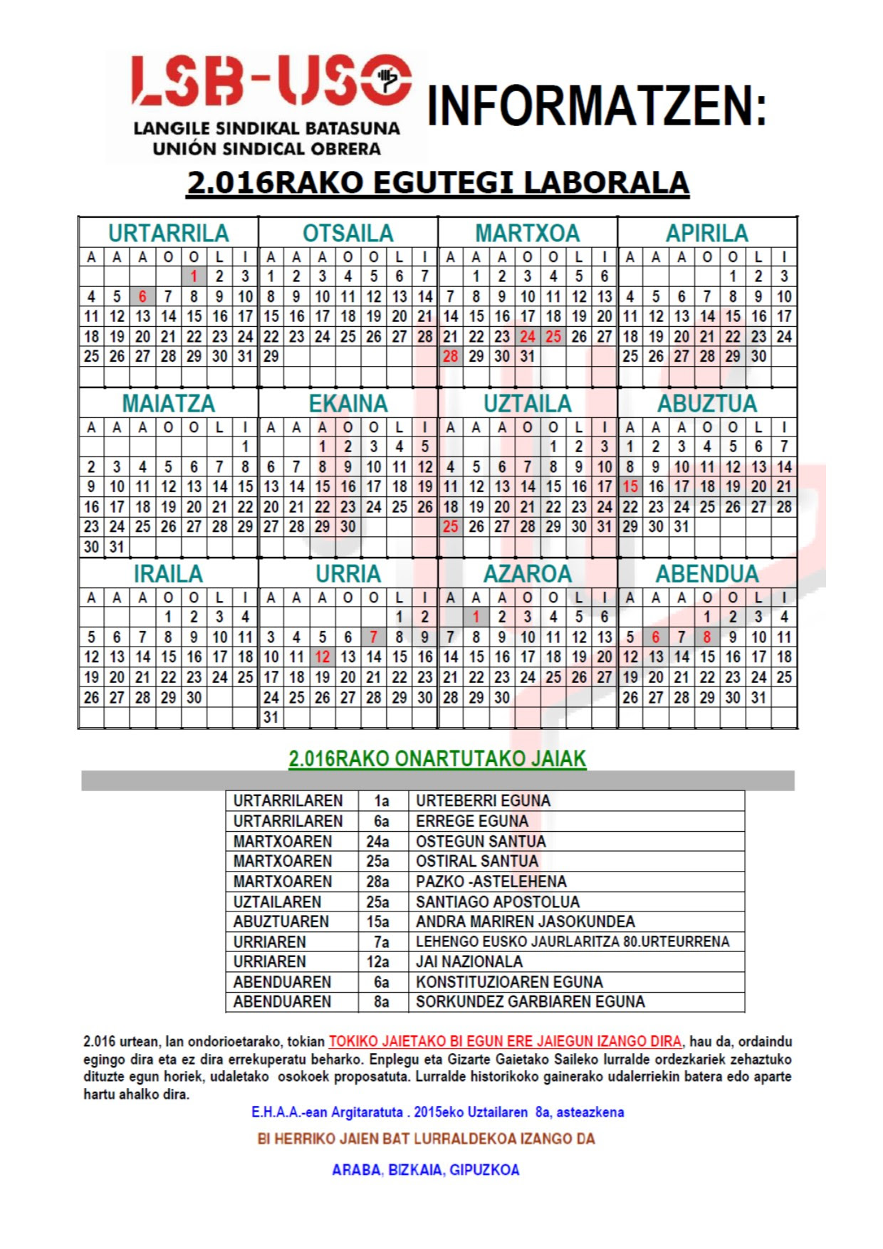 Calendario laboral de bizkaia 2021. Calendario Laboral Lsb Uso