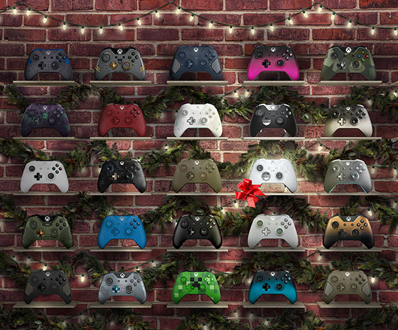 An entire wall of Xbox controllers sitting on shelves.