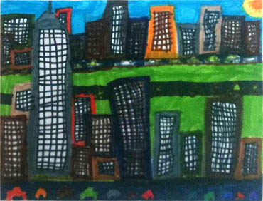 If you add more rows of buildings, remember that the farther they are into the distance, the brighter the shade of grey they need to be. Kid S Drawing Of Manhattan
