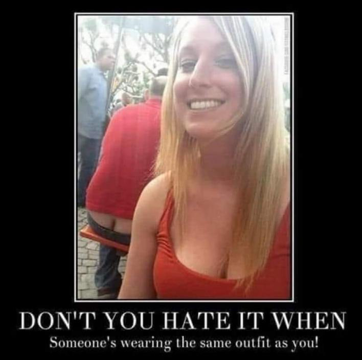Meme showing girl in reddress showing cleavage. Behind heer is a guy in a red t-short showing butt crack.