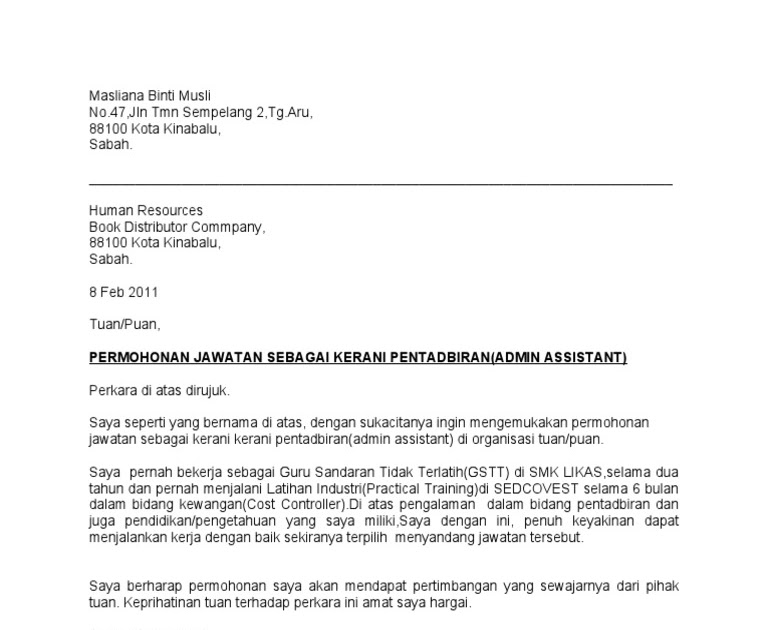 Contoh Cover Letter Jawatan Kerani - Contoh O