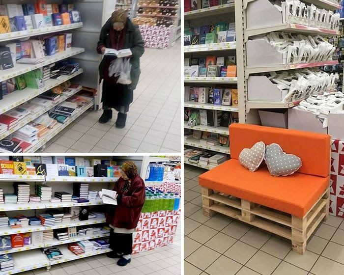 This Old Lady Goes To The                                              Supermarket To Read Books                                              All The Time So The                                              Manager Put A Little Bench                                              For Her