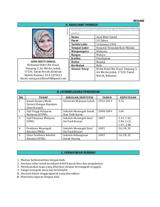 Contoh Format Resume Bahasa Inggeris - Contoh Moo