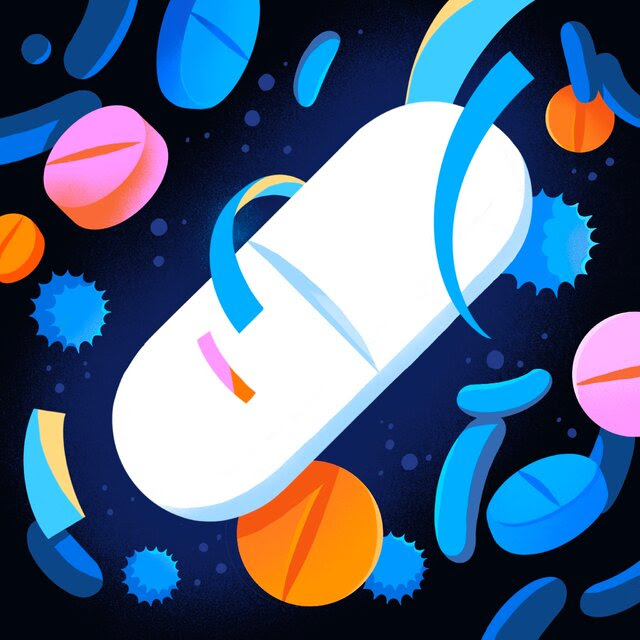 An illustration of a large, white antibiotic pill floating among other pills, bacteria and virus shapes that are orange and pink on a dark background. 