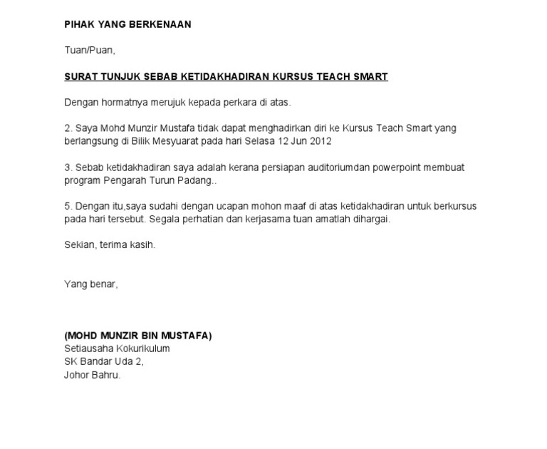 Surat Rasmi Tunjuk Sebab Tidak Hadir Mesyuarat - Rasmi Ru