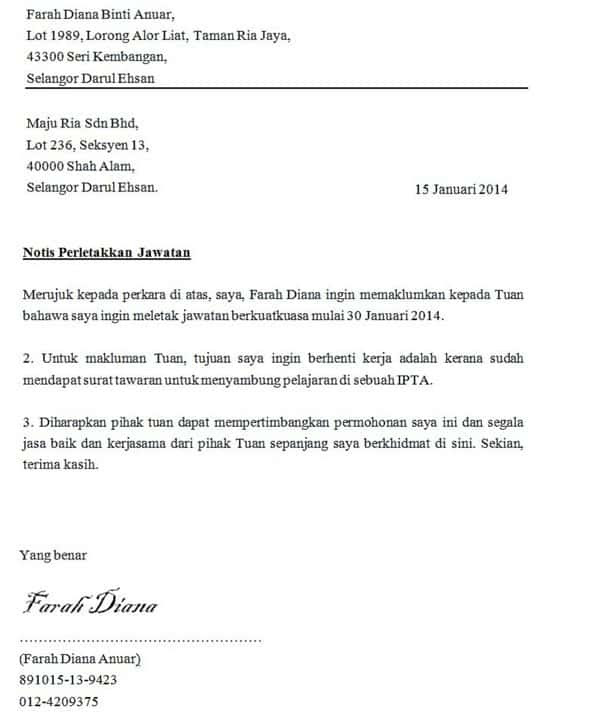 Contoh Surat Berhenti Kerja Dari Majikan Kepada Pekerja