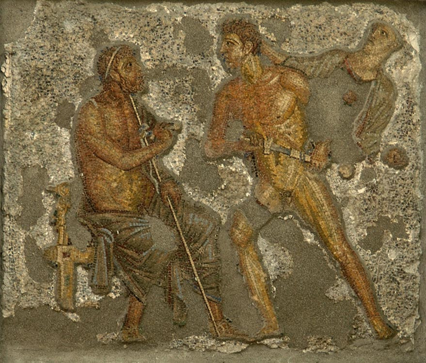 Wrath of Achilles: Athene appears to prevent the hero from assaulting Agamemnon. Mosaic from Pompeii (House of Apollo, VI, 7, 23, inside wall of the garden). Glass mass. Inv. No. 10006. Naples, National Archaeological Museum.