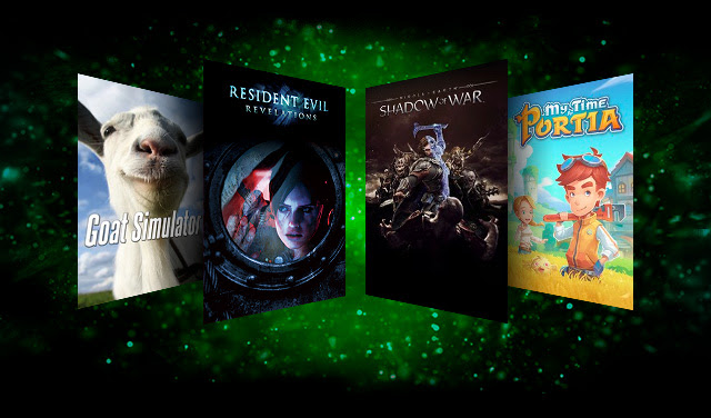 Box art for four games, left to right: Goat Simulator, Resident Evil: Revelations, Middle-earth: Shadow of War, and My Time At Portia.