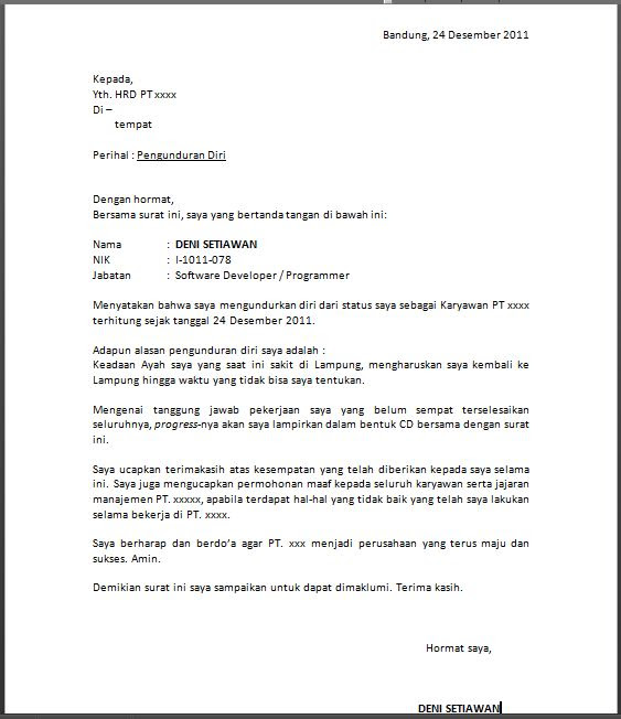 Contoh Surat Pemberitahuan Resign - Hontoh