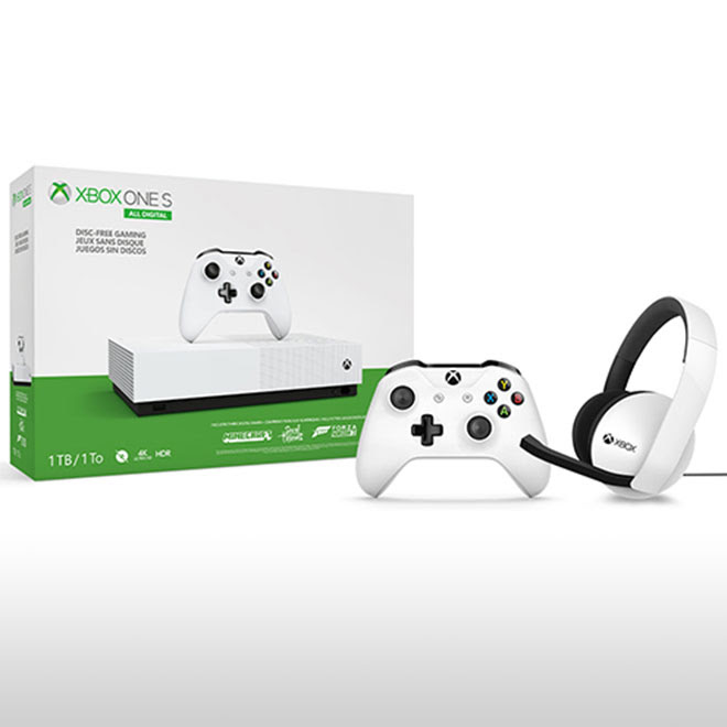 An Xbox One S All-Digital Edition with an Xbox One controller and headset