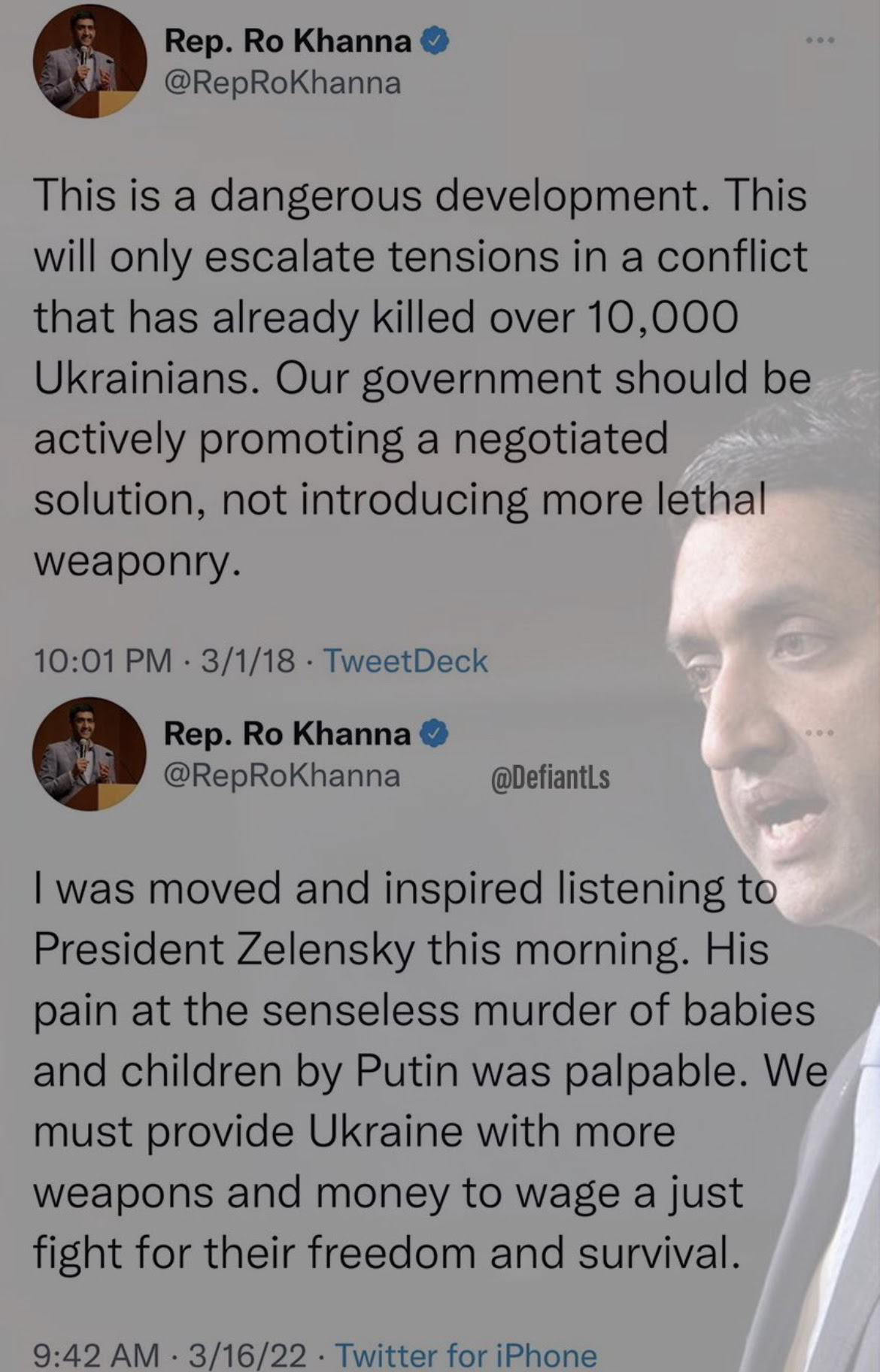 Hypocrite Ro Khanna purports to be anti-War then goes all in for throwing more weaponry to Ukrain.