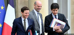 (from L) France's Minister for European affairs Clement Beaune, France's  Education, Youth and Sports Minister Jean-Michel Blanquer and Government's spokesperson Gabriel Attal leave the Elysee presidential palace after attending the weekly cabinet meeting in Paris on April 13, 2022. (Photo by Alain JOCARD / AFP)